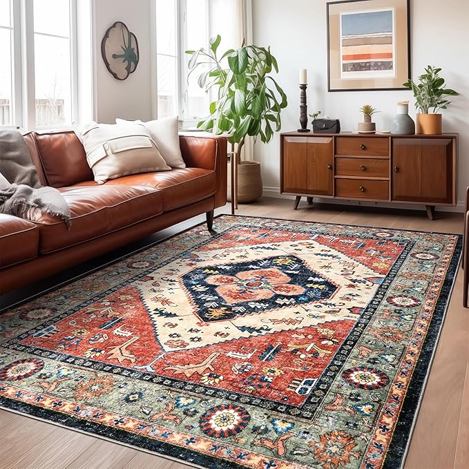Washable Living Room Area Rugs - 9x12 Large Soft Machine Washable Non-Slip Low Pile Area Rugs, Vintage Oriental Neutral Carpet for Bedroom Dining Room Dorm Office Decor Red/Beige