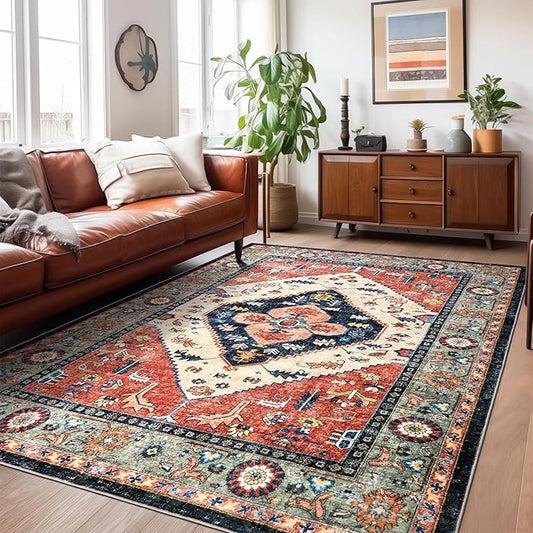 Washable Living Room Area Rugs - 9x12 Large Soft Machine Washable Non-Slip Low Pile Area Rugs, Vintage Oriental Neutral Carpet for Bedroom Dining Room Dorm Office Decor Red/Beige
