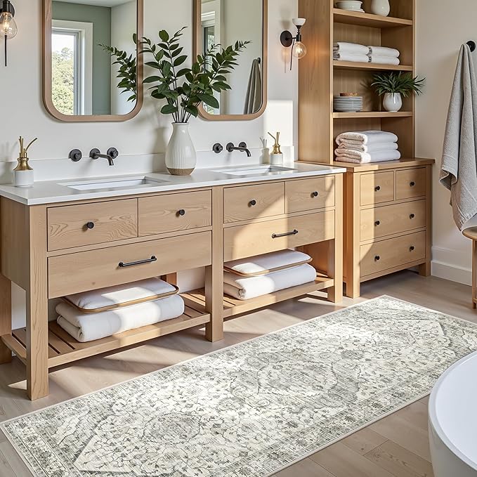 Deerly 3x8 Runner Rug Non Slip - Kitchen Washable Rug Runner with Non-Shedding, Boho Runners for Hallways Distressed Carpet Bedroom Border Cream