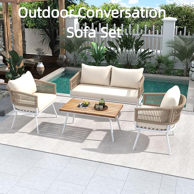 4-Piece Rope Outdoor Furniture Set - Patio Conversation Sofa Set with Acacia Wood Table, Metal Furniture with Deep Seating & Thick Cushion for Backyard, Balcony, Deck, Beige