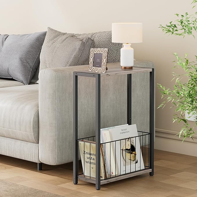 Narrow Side Table with Magazine Holder, Skinny End Table Perfect for Small Spaces, Space-Saving Design for Living Room, Bedroom, or Office, 7.1" D x 16.9" W x 23.6" H, Greige