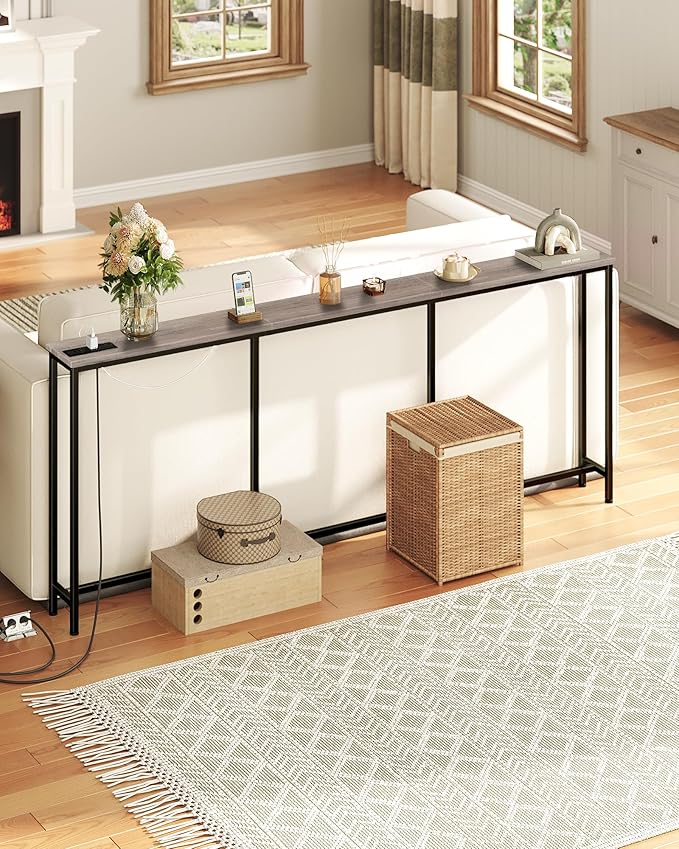 78.7" Narrow Console Table with Power Outlet 7.1" Skinny Sofa Table, Long Behind Couch with Charging Station for Hallway, Living Room Greige and Black TXG20UBG