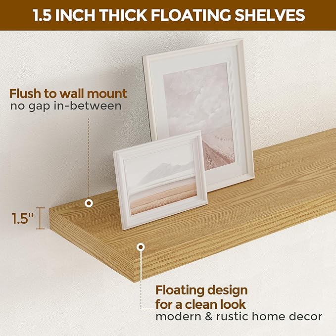 Fun Memories 32 Inch Floating Shelves, Wall-Mounted Bathroom Shelves Set of 2, 9.3 Inch Deep Floating Shelf Bookshelf for Living Room, Bedroom, Heavy-Duty Deep Storage Shelf for Wall, Oak Color