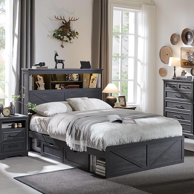 ACCOHOHO Farmhouse Full Size Bed Frame with 52" Tall Storage Headboard and LED Light,Wood Platform Bed Frame with 4 Drawers and Charging Station,Solid Wood Slats Support,No Box Spring Needed,Black