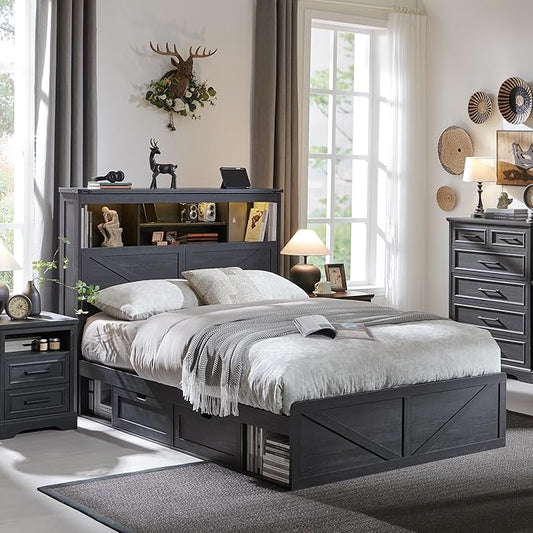 ACCOHOHO Farmhouse Full Size Bed Frame with 52" Tall Storage Headboard and LED Light,Wood Platform Bed Frame with 4 Drawers and Charging Station,Solid Wood Slats Support,No Box Spring Needed,Black