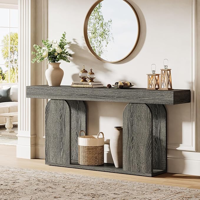 Tribesigns 70.9-Inch Extra Long Sofa Table, Farmhouse Console Tables with Wood Frame and Storage Shelf, 2-Tier Wood Table Behind Couch for Living Room, Hallway, Foyer, Light Brown (Dark Gray)