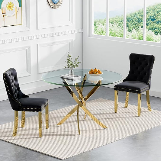 Goujxcy 3 Piece Round Glass Dining Table Set for 2, 36" Round Dining Table & Chair Set Modern Circle Glass Kitchen Table and 2 Velvet Upholstered Chairs for Kitchen Dining (Gold Table & Black Chair)