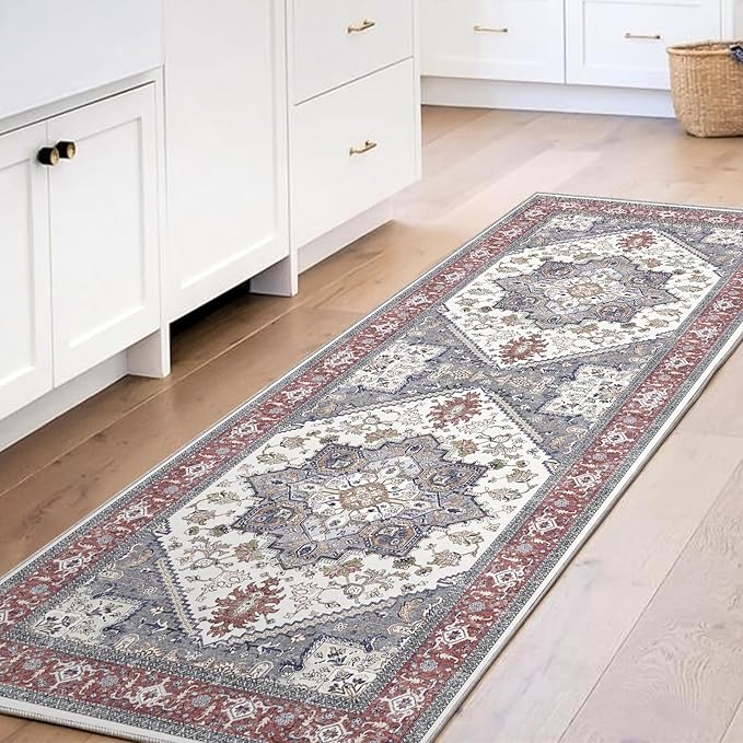 OPPODREAM Thin Entryway Rug 2x6, 2x6 Rug Runner, Washable Hallways Carpet 2 x 6 with Non Slip Backing, Low-Pile Bedside Carpet 2 x 6, Long, Faux Cashmere, Red & Grey