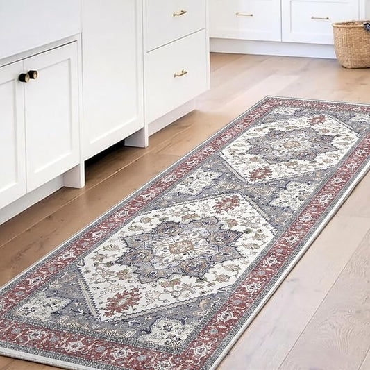 OPPODREAM Thin Entryway Rug 2x6, 2x6 Rug Runner, Washable Hallways Carpet 2 x 6 with Non Slip Backing, Low-Pile Bedside Carpet 2 x 6, Long, Faux Cashmere, Red & Grey