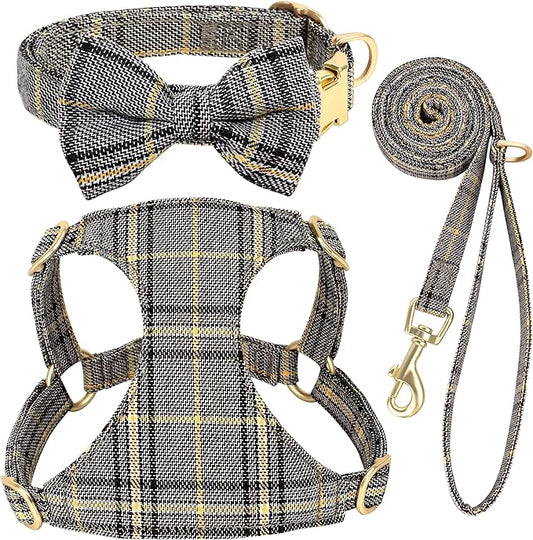 Beirui Cute Extra Small Dog Harness Collar and Leash Set with Bowtie, Soft Adjustable Plaid Puppy Harness for Small Sized Dogs Cats Walks Parties and Photoshoots(Gray,XS:Chest 13-18")