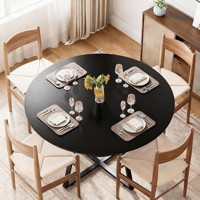 47" Round Dining Table for 4, Kitchen Dining Table with Storage, Wood Circle Dinner Table, Space Saving Dining Room Furniture for Kitchen, Living Room