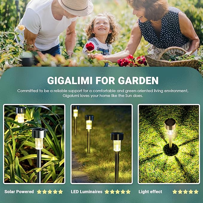 GIGALUMI 16 Pack Solar Path Lights Outdoor,Solar Lights Outdoor Waterproof,Stainless Steel LED Landscape Lighting,Solar Garden Lights for Driveway,Pathway,Patio,Yard