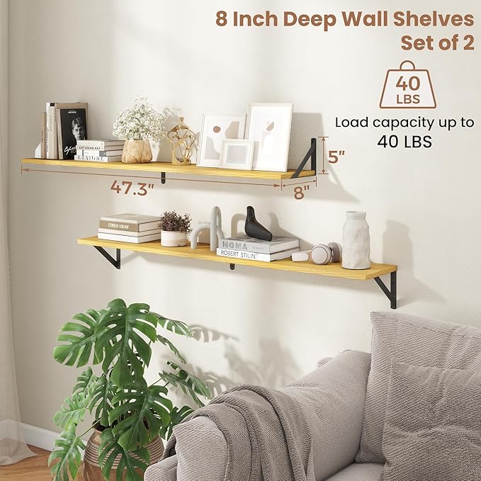 Axeman 48 Inch Floating Shelves | 8 Inch Deep Oak Wall Shelves Set of 2 | 47.3W x 8D Rustic Wood Shelves for Bookshelf Living Room Bedroom Home Office Bathroom