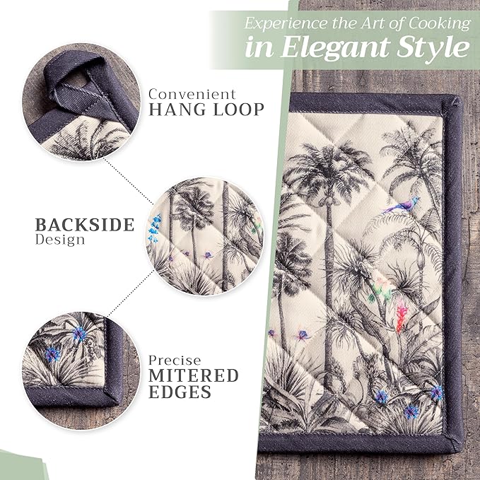 Maison d' Hermine Pot Holders Set 100% Cotton Heat Resistant Potholders 8" x 8" Hot Pads with Loop for Thanksgiving Christmas Decorations BBQ Cooking Baking Handling Hot Pans (Pack of 2, Amazonia)