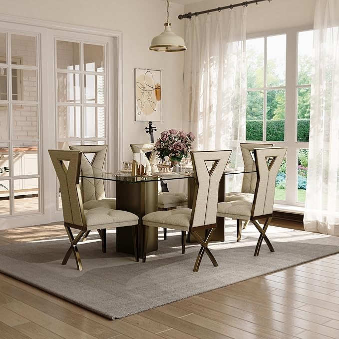 Asday 70 Inch Glass Dining Table with Bronze Base, Rectangular Dining Table for 6 People, Modern Brass Dining Room Table for Kitchen