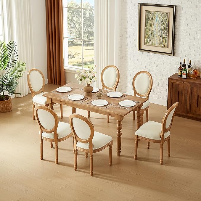 Nrizc French Dining Chairs Set of 6, French Country Dining Chair, Vintage Farmhouse Dining Chairs with Round Back, Solid Wood Beige Fabric Dining Room Chairs, for Kitchen, Bedroom, Dining Room
