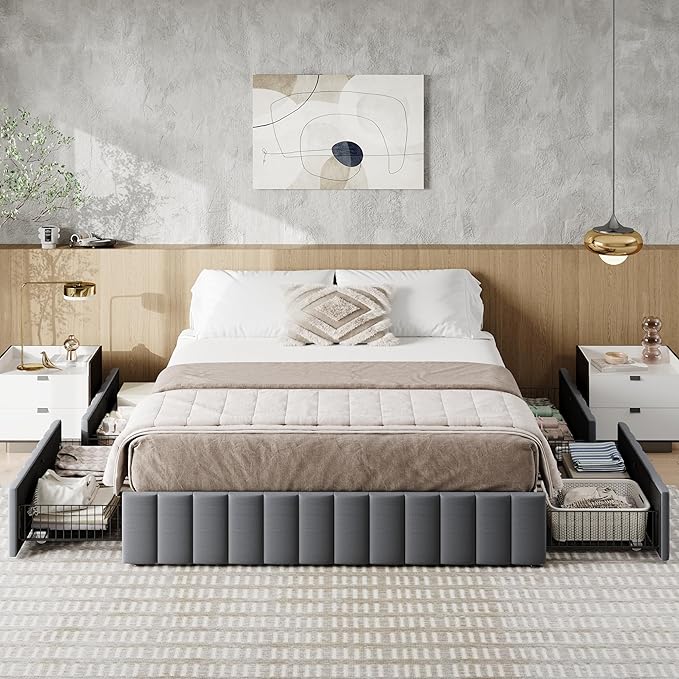 Allewie Full Size Platform Bed Frame with 4 Large Storage Drawers, Velvet Vertical Channel Tufted Upholstered Bed Base, Wooden Slats Support, Noise-Free, No Box Spring Needed, Easy Assembly, Grey