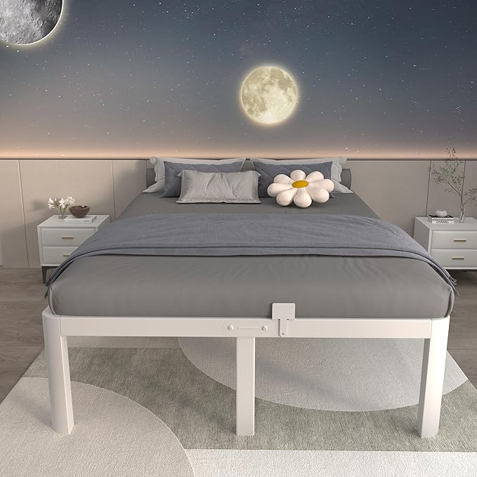 ITIMIDI 16 Inch White Bed Frame Queen, Queen Size Metal Platform Bed Frames with Round Corner Legs, Heavy Duty Steel Support 3500 LBS, Storage Space, No Box Spring Needed, Noise Free, Easy Assembly