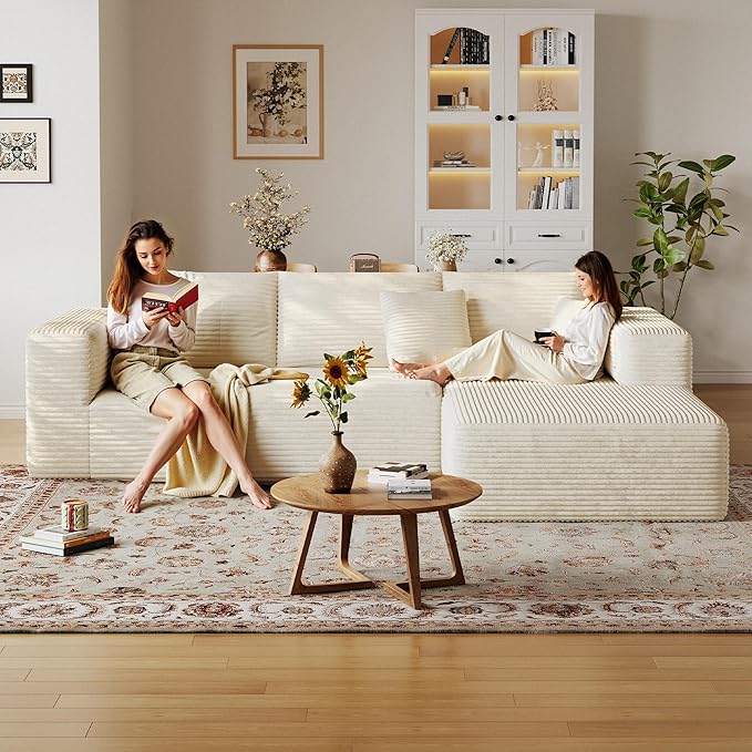 108'' Modular Sectional L-Shaped with Chair,Deep Seat Boneless Corner Couch for Living Room,Plush Corduroy Couch with Detachable Sofa Set,No Assembly(Right Facing Chaise，Beige)