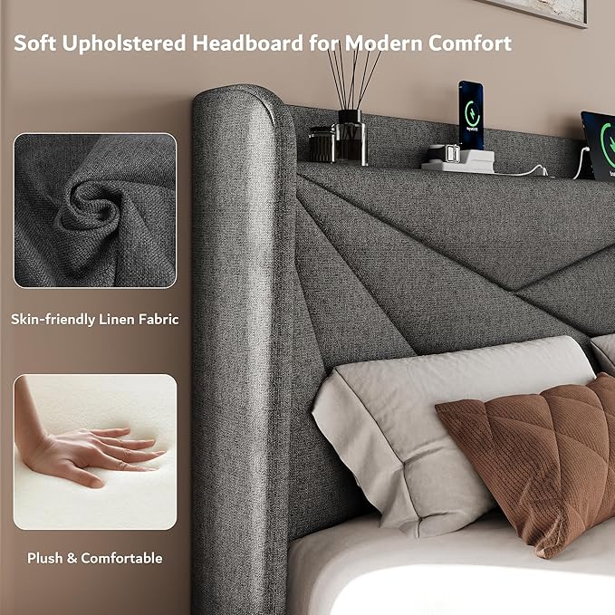 iPormis Full Size Bed Frame with Charging Station, Linen Platform Bed Frame with Wingback Headboard Upholstered Bedframe, Solid Wood Slats Support, No Box Spring Needed, Easy Assembly, Dark Grey