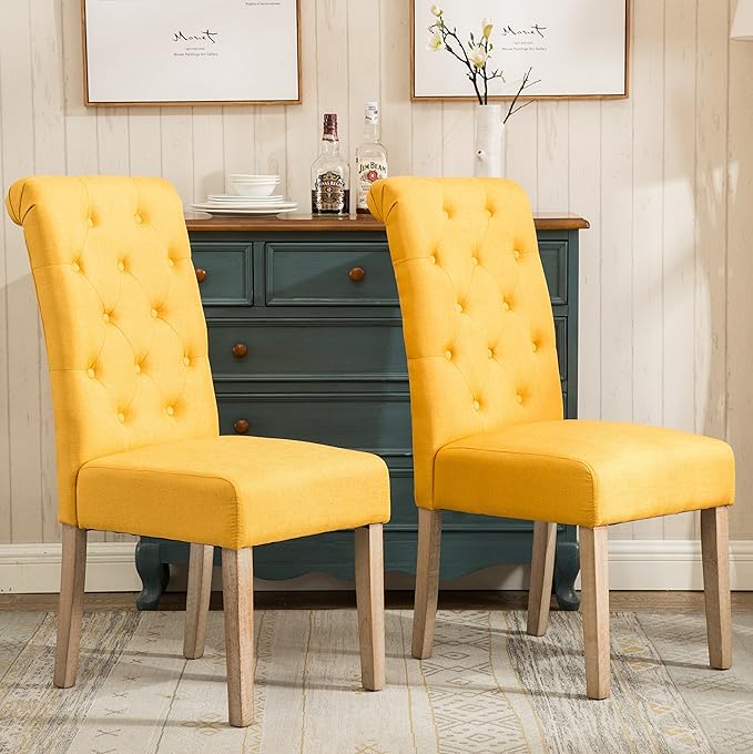 Roundhill Furniture Habit Solid Wood Tufted Parsons Yellow Dining Chair, Set of 2,