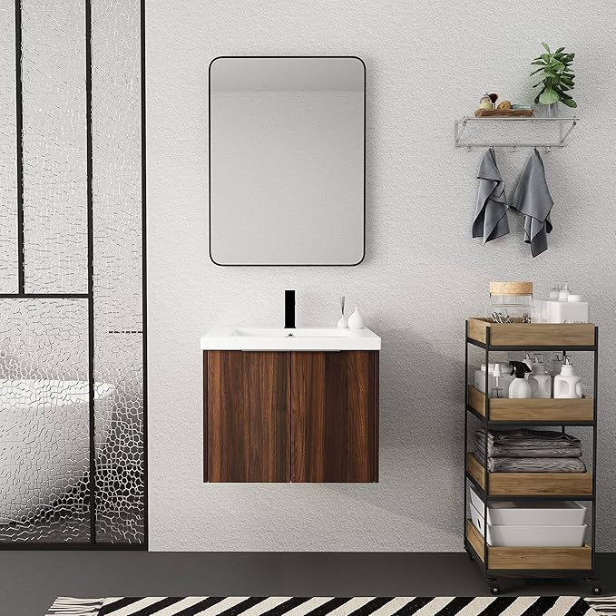 Goujxcy 24" Wall Mounted Bathroom Vanity with Sink, Modern Floating Bathroom Cabinet with White Resin Wash Basin & Storage Cabinet, Soft-Close Door Wood Hanging Bath Room Cabinet
