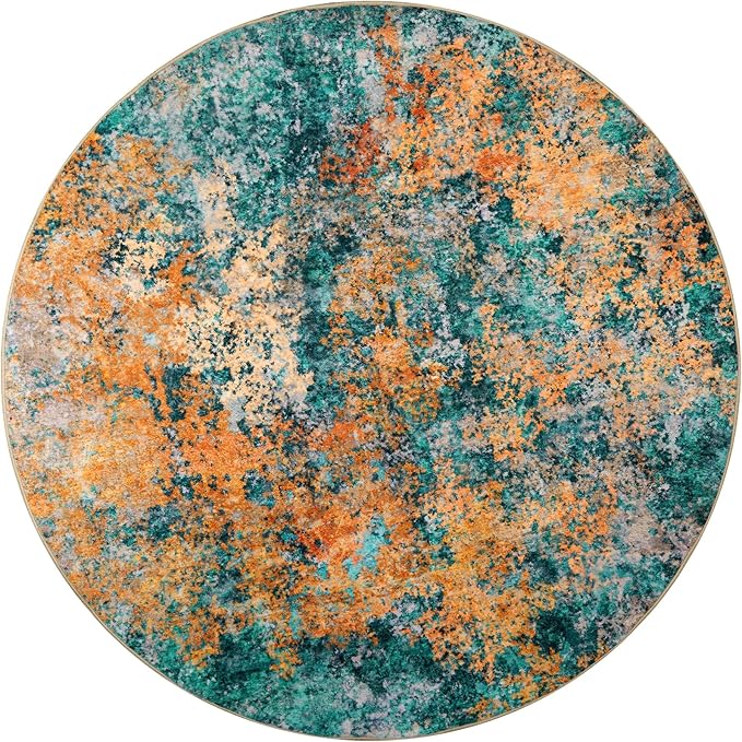 6ft Round Area Rug for Living Room- 6x6 Washable Neutral Abstract Rug for Bedroom Modern Soft Dining Room Rug No Slip Low Pile Carpet for Nursery Home Office Decor - Teal/Orange