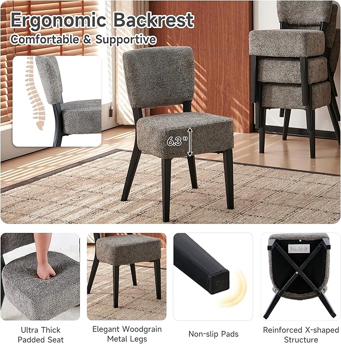 Howtek Modern Dining Chairs Set of 4 with 6.3" Thick Seat Cushions, Space-Saving Stackable Upholstered Kitchen Chairs, Ergonomic Backrest & Black Metal Legs, Grey