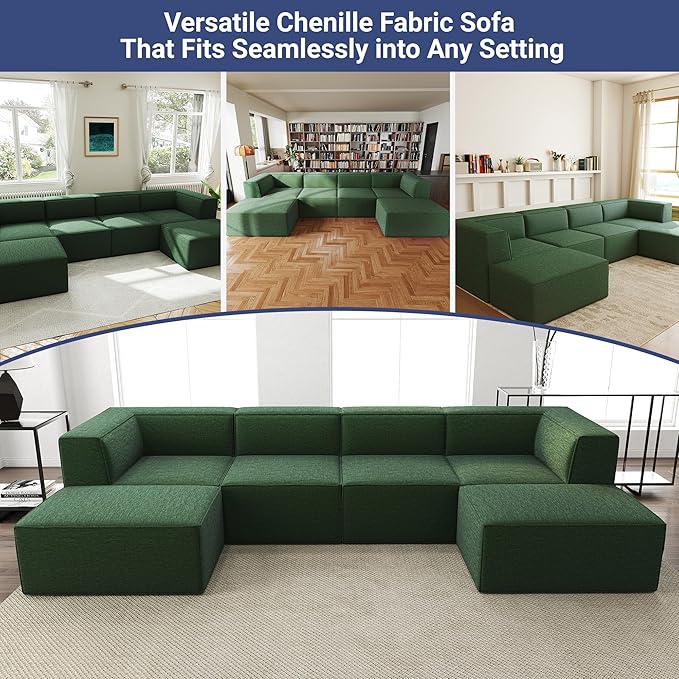 136" 6-Piece Sectional Sofa Modular Couches,L-U-Shaped with Chaise,for Living Room,Compressed Foam No Assembly,for Living Room (2xArmless Corner Ottoman) Fabric Chenille Green