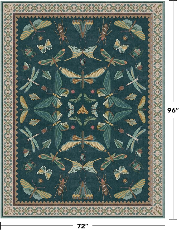 Vintage Teal Area Rugs for Living Room 6x8 - Floral & Butterfly Pattern Dining Rug, Low Pile Soft Bedroom Carpet, Washable Non Skid Rubber Backed, Forest Funky Home Décor