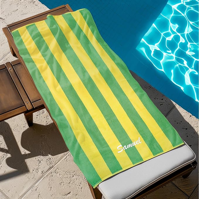 Kaufman - Personalized Velour Beach and Pool Towel 100% Cotton 30in X 60in Solid Color Bath Towel Embroidered (Green/Yellow)