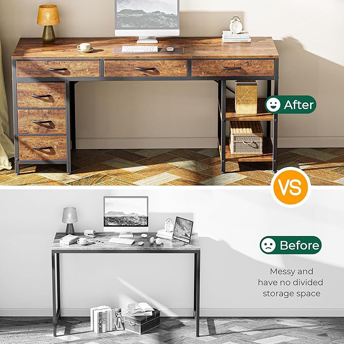 Huuger Computer Desk with 6 Drawers, 63 Inch Office Desk with Shelves, Reversible Gaming Desk, Corner Desk with Storage, for Home Office, Study, Living Room, Rustic Brown