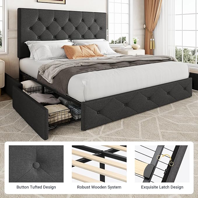 Allewie Upholstered Full Size Platform Bed Frame with 4 Storage Drawers and Headboard, Diamond Stitched Button Tufted, Mattress Foundation with Wooden Slats Support, No Box Spring Needed, Dark Grey