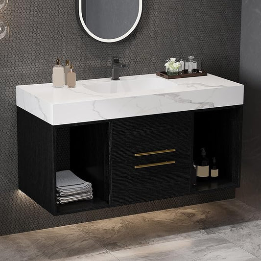 Goujxcy 39.4" Wall Mounted Bathroom Vanity with Sink, Modern Floating Bathroom Cabinet with Ceramic Sink & 2 Drawers, Wood Hanging Bath Room Cabinet with Soft-Close System (White & Black)