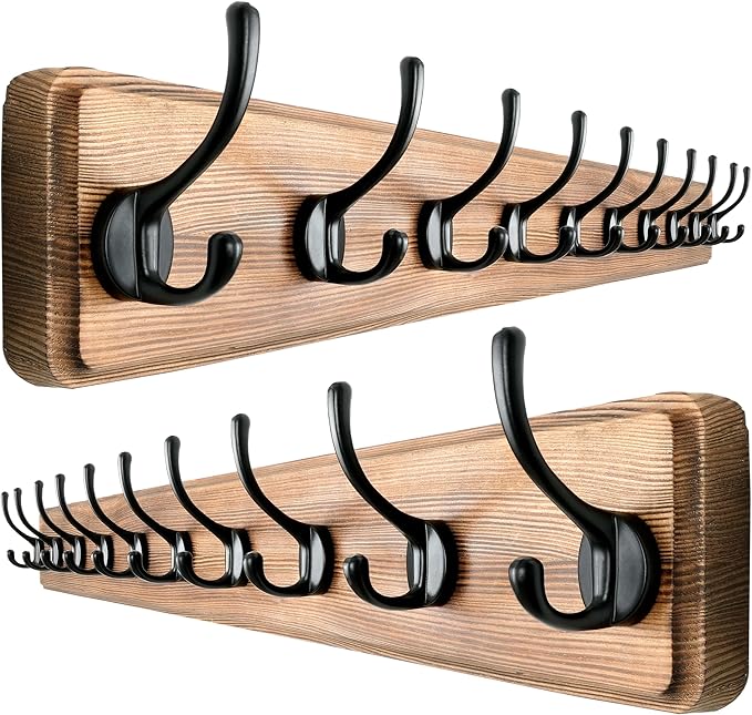 Dseap Wall Mounted Coat Rack: 38-1/4" Long, Patented, Heavy-Duty, 10-Double-Hooks Wooden Hanger Rail for Winter Coats, Hats, Jackets, Clothing - Natural & Black, Pack of 2