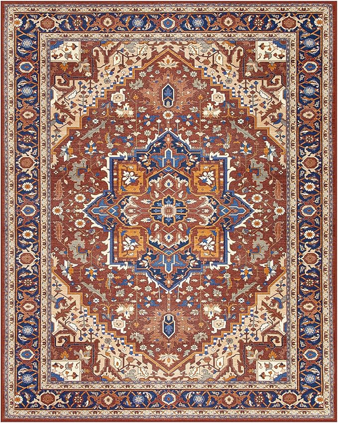 Moynesa Ultra-Thin Washable 8x10 Area Rugs for Living Room, Boho Oriental Rugs for Bedroom Non-Slip Non-Shedding, Large Vintage Carpet for Dining Room Home Office Decor, Brown/Multi