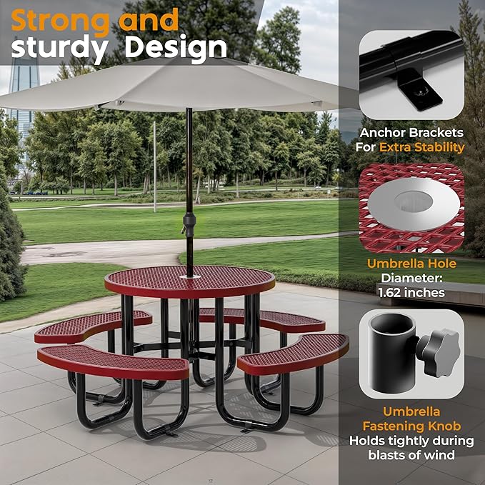 Metal Picnic Tables for Outdoors with Umbrella Hole - Coated Steel Heavy Duty Commercial Grade Furniture Set with Adjustable Seats (Red, 38 in, Round, Expanded Steel)