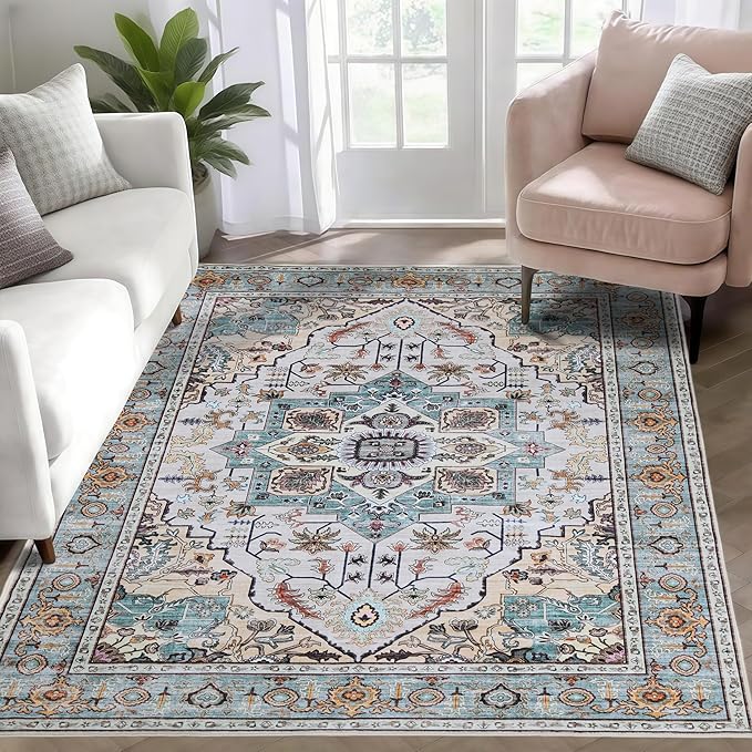 WILLSUN Washable Area Rugs, 3x5 Non-Slip Boho Large Area Rugs for Living Room, Bedroom, Machine Washable Vintage Rug, Indoor Floral Print Carpet for Home Decor, Kid & Pet Friendly Mat