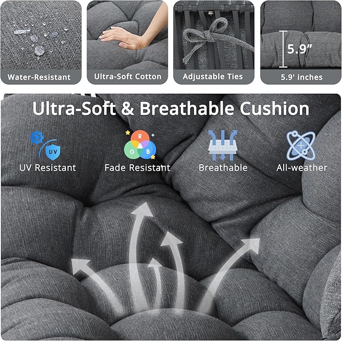 IRONCK 2 Person Egg Chair Outdoor Indoor, Oversized Double Wicker Lounge Chair, Thickened Padded Cushions and Headrests, 680Lbs Egg Loveseat for Patio, Balcony, Living Room, Porch, Gray