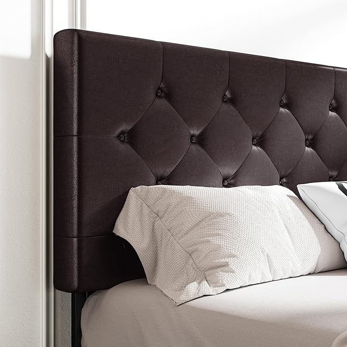 MUTICOR Queen Size Bed Frame with 4 Storage Drawers, Upholstered Platform Bed with Button Tufted Adjustable Headboard, No Box Spring Needed, Easy Assembly, Diamond Tufted, Brown Leather