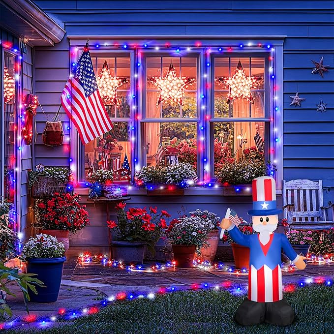 JMEXSUSS 2 Pack Red White and Blue Solar Lights, 200LED 75.5ft Patriot Solar String Lights Outdoor Waterproof, 8 Modes 4th of July Light for Independence Day Patio Garden Tree Decorations