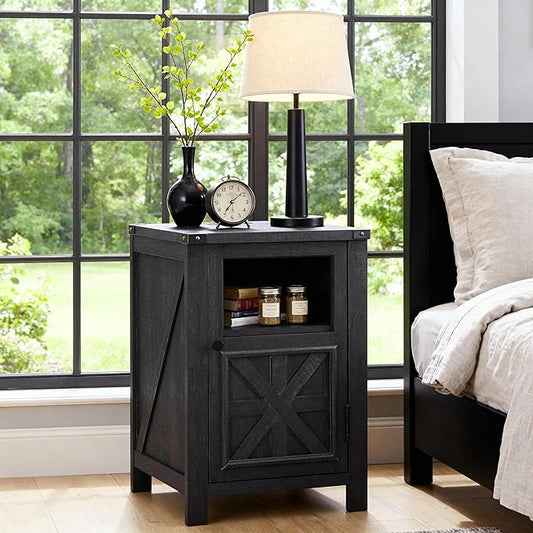 ACCOHOHO Farmhouse End Table with Charging Station,18'' Sofa Side Table,Nightstand with Barn Door,Bedside Table with Adjustable Shelf for Living Room, Bedroom, Office (Black)