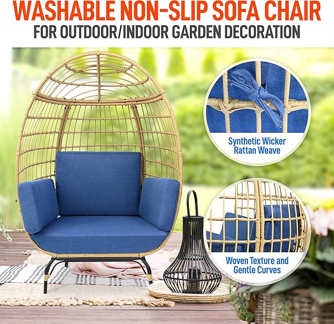 Jovial Wicker Rattan Egg Chair,Indoor Outdoor Blue Sofa Chair for Patio Backyard and Living Room with 4 Cushions and Powder Coated Steel Frame,Woven Texture Contemporary Ribbed Back Design