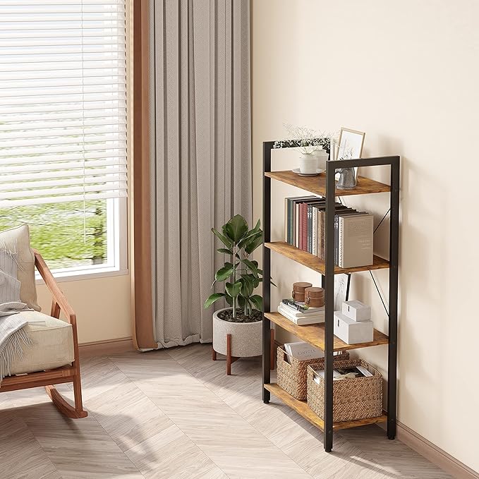 4-Tier Bookshelf, 47.2'' H Ladder Shelf, Industrial Bookcase, Wooden and Metal Storage Rack, Shelving Unit for Living Room Entryway Office, Rustic Brown Book Shelves, 24 * 11.8 * 47.2 inches