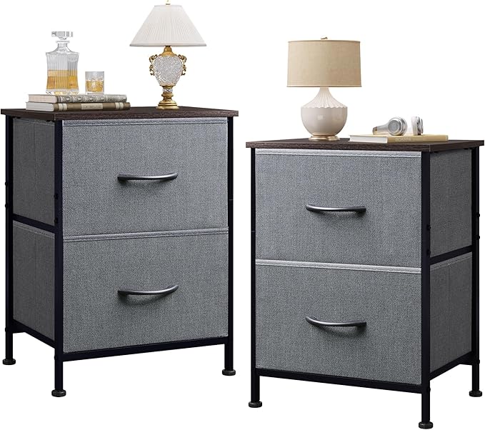 WLIVE Night Stand Set 2, Dresser and Nightstand Sets, Small Dresser for Bedroom with 2 Drawers, End Table with Fabric Bins for Closet, Bedside Furniture, College Dorm, Dark Grey