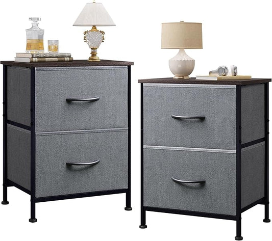 WLIVE Night Stand Set 2, Dresser and Nightstand Sets, Small Dresser for Bedroom with 2 Drawers, End Table with Fabric Bins for Closet, Bedside Furniture, College Dorm, Dark Grey
