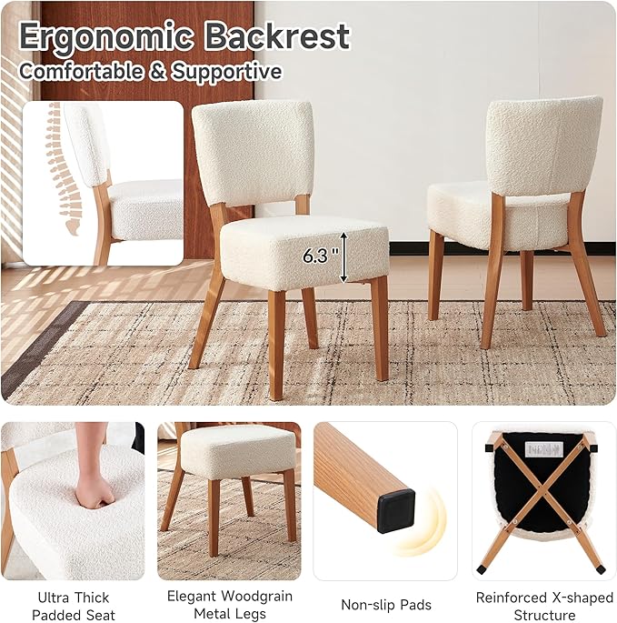 Howtek Modern Dining Chairs Set of 2 with 6.3" Thick Seat Cushions, Space-Saving Stackable Upholstered Kitchen Chairs, Ergonomic Backrest & Wood Grain Metal Legs, White
