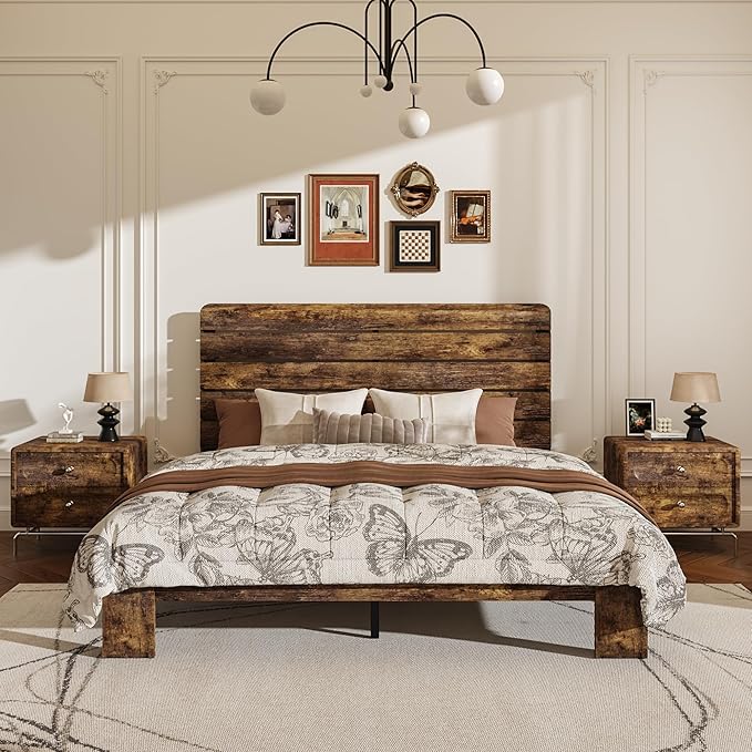 King Size Wooden Bed Frame with Headboard, Rustic Farmhouse Platform Bedframe with Wood Slat Support, Sturdy and No Noise, Easy Assembly (Brown, King)