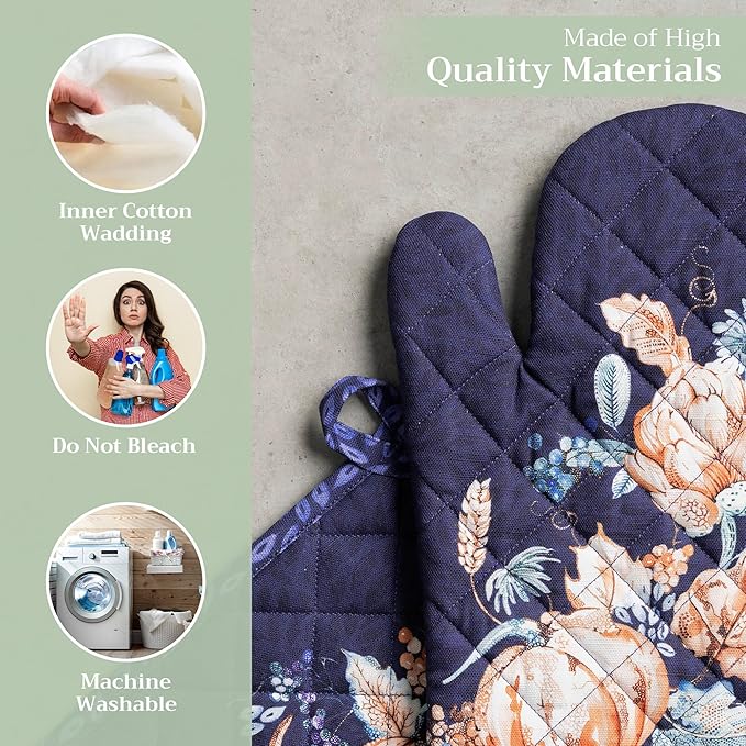 Maison d' Hermine 100% Cotton Oven Mitt & Pot Holder Set (7.5"x13" & 8"x8") Heat Resistant BBQ Cooking Gloves with Loop for Thanksgiving Christmas Decorations Handling Hot Pans (Pumpkin Blues)