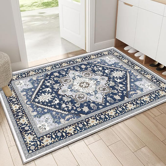 OPPODREAM Thin Throw Rugs 2x3, Small Washable Entryway Rugs 2 x 3 with Non Slip Backing, Low-Pile Faux Cashmere 2 x 3 Carpet, Navy Blue & Gold